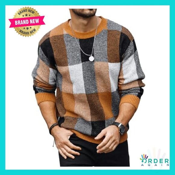 Color Block Plaid Pullover Sweater Long Sleeve Crew Neck Classic Preppy - Picture 2 of 7